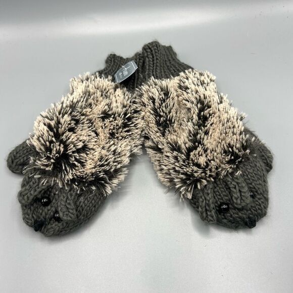 Hedgehog Gloves Hunter Green Double Layer Winter Warm Faux Fur Knit Mittens - Picture 1 of 3